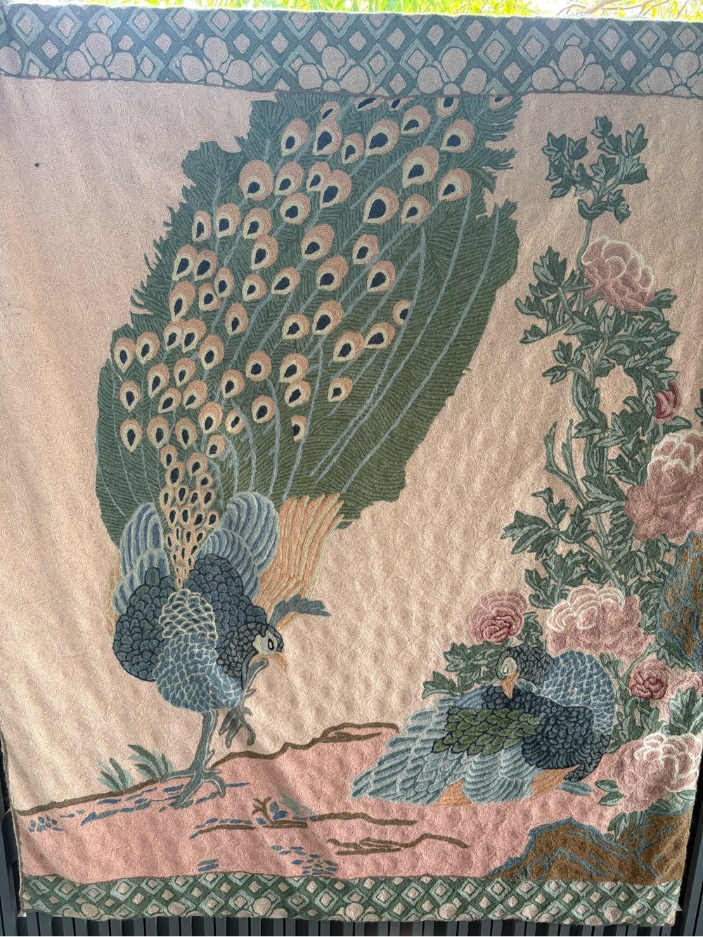 Embroidered Peacock Wall Hanging in Green, Blue & Pink